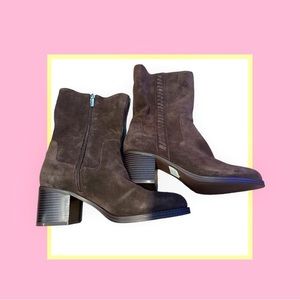 Vince Camuto block heel suede side zip braid detail.